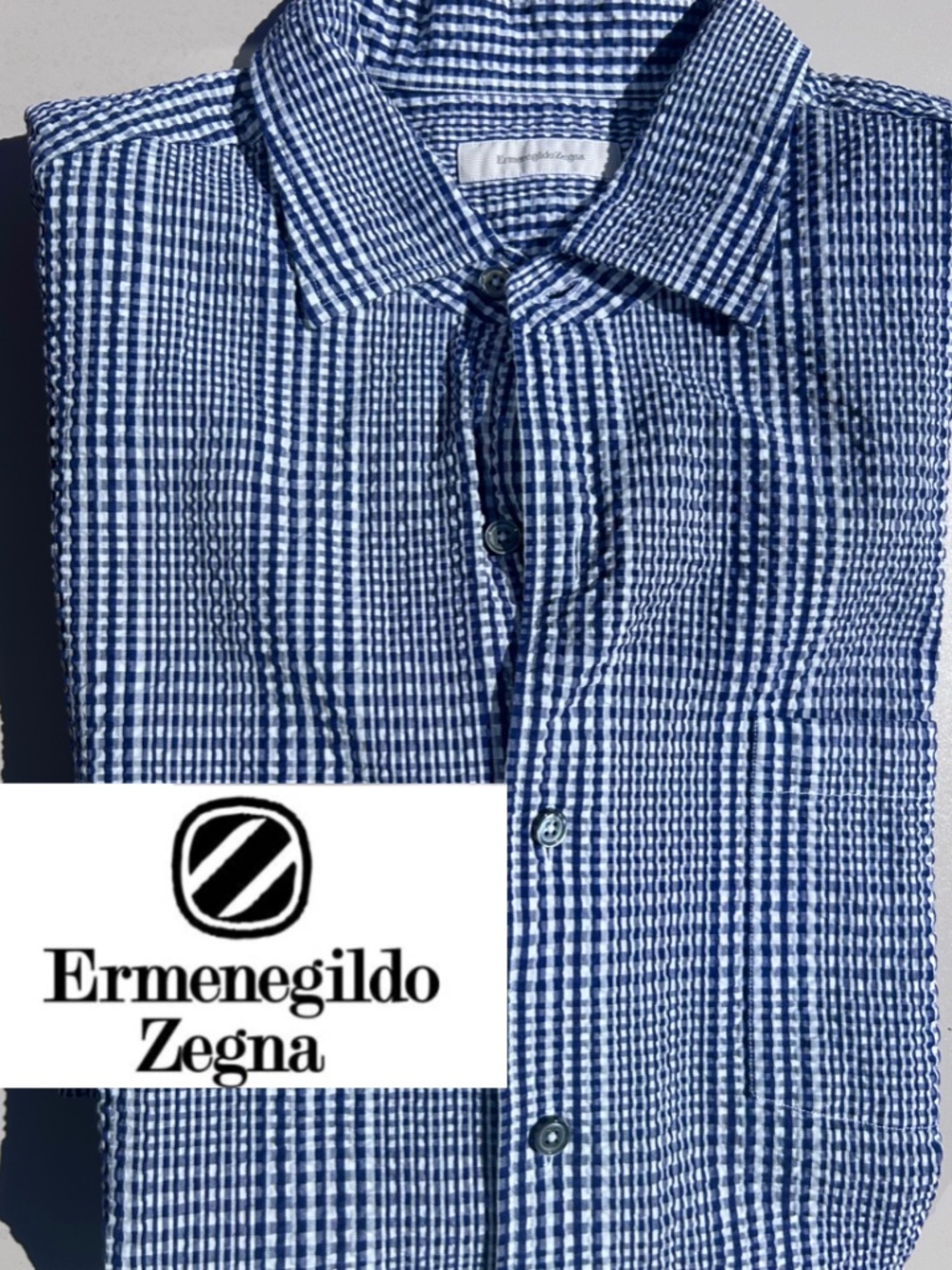 Ermenegildo Zegna Blue & White Gingham Seersucker Button-Down Shirt MEN’S Large
